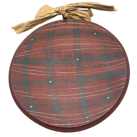 Christmas wood wall hanging bulb plaid Jesus heart signed round bow 12" READ - Picture 1 of 7